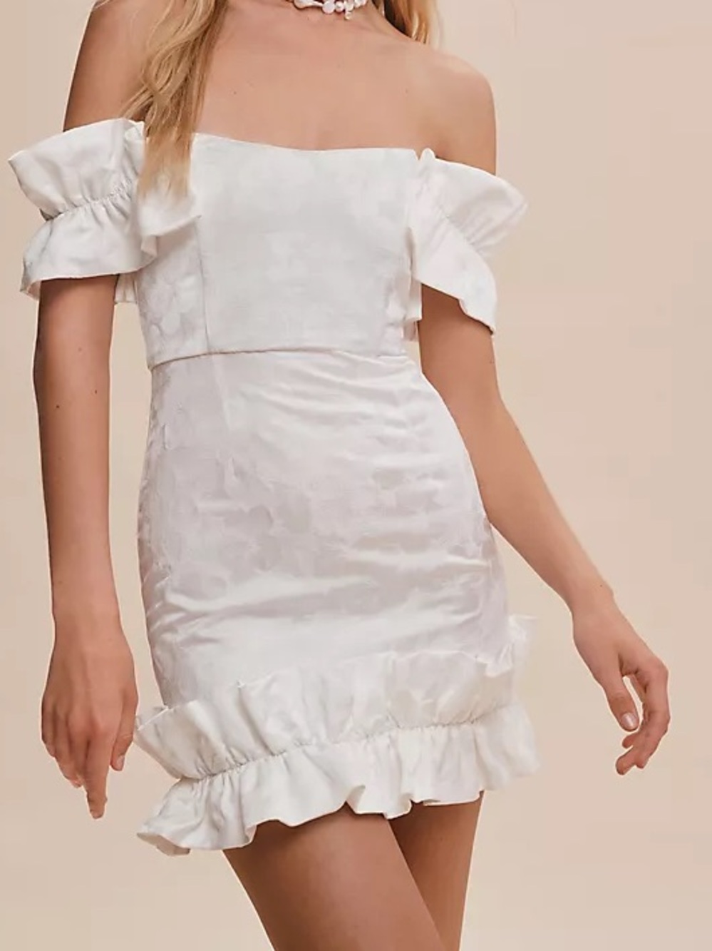 V Chapman Hollyhock Off Shoulder Ruffle Mini White Dress 4